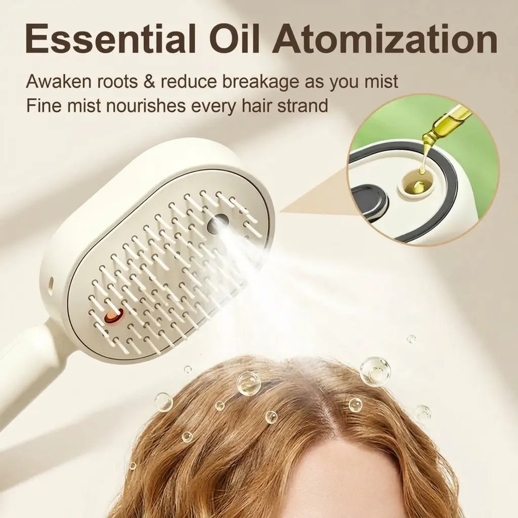 Electric Spray Air Cushion Massage Comb – Self-Cleaning, Anti-Tangle, Anti-Static, Volumizing Hair Brush with Essential Oil Mist Aromatherapy for Hair Care